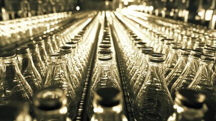 Aufkleber - A close-up of clear bottles on a production line, gleaming under bright factory lights in a perfectly organized, repetitive pattern