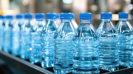 Aufkleber - A close-up of clear bottles on a production line, gleaming under bright factory lights in a perfectly organized, repetitive pattern