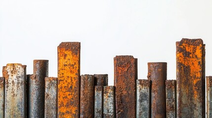 Poster - A close-up of corroded and rusty metal piles arranged in a minimalistic composition, with a clean white background to enhance the textures