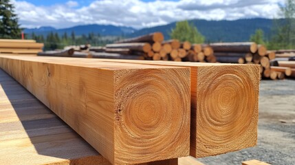 Poster - A close-up of sun-dried square-cut lumber beams in an outdoor yard, with logs in the distance, highlighting their raw texture and natural beauty