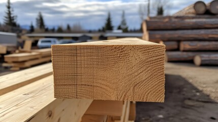 Poster - A close-up of sun-dried square-cut lumber beams in an outdoor yard, with logs in the distance, highlighting their raw texture and natural beauty