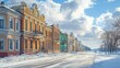 © kamila - Historic winter street with snow-covered victorian buildings under a clear sky