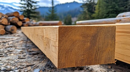 Poster - A close-up of sun-dried square-cut lumber beams on an outdoor yard, with distant logs, showcasing the rugged texture and craftsmanship of the wood