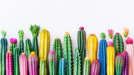 Aufkleber - A collection of brightly hued cacti in various shapes and sizes, set against a clean white backdrop, showcasing their vibrant colors and unique textures in a minimalist style
