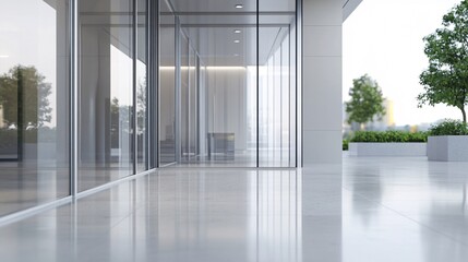 Poster - Modern office building entrance with glass walls and green terrace