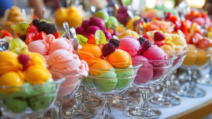 Poster - A colorful display of homemade ice cream scoops in elegant glass bowls, beautifully garnished with fresh fruit, offering a sweet and vibrant indulgence on a sunny day