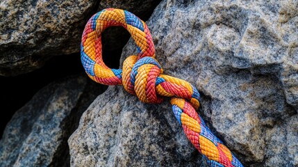 Poster - A colorful rope tied with an eight knot against a rocky backdrop, emphasizing climbing safety techniques and gear, perfect for outdoor sports or adventure designs