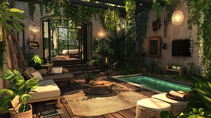 Aufkleber - A cozy and stylish Parisian biophilic bungalow filled with lush greenery, natural textures, and warm lighting, offering a homely vibe and connection to nature for a peaceful retreat