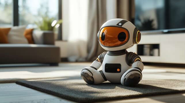 A pet-like robot sitting on a soft rug in the living room.