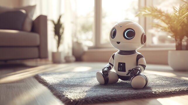 A pet-like robot sitting on a soft rug in the living room.