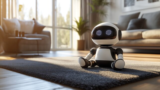 A pet-like robot sitting on a soft rug in the living room.