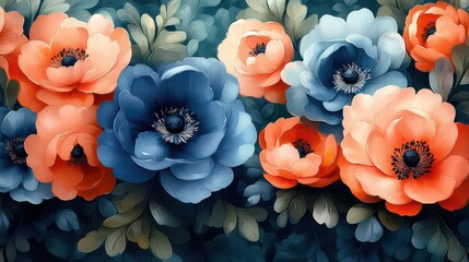 Wall Mural - Vibrant coral and blue anemones in lush green foliage.