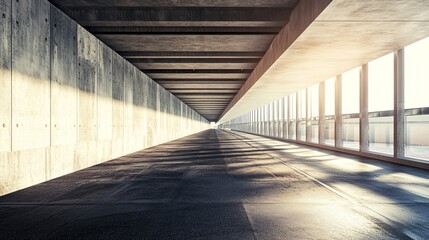 Fototapete - Empty modern concrete corridor with sunlight passing through large windows