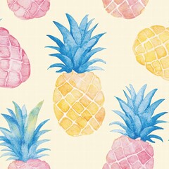 Poster - Colorful watercolor pineapple pattern on light background showcasing vibrant fruit designs for tropical decor. Generative AI