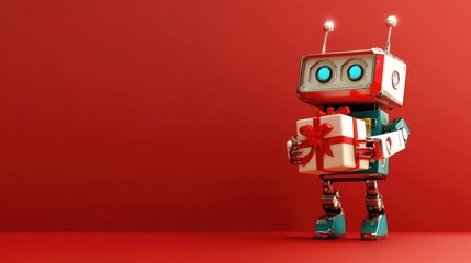 Poster - A cute and friendly robot holding a brightly wrapped gift box, standing against a vibrant red background. The image captures a festive and futuristic mood