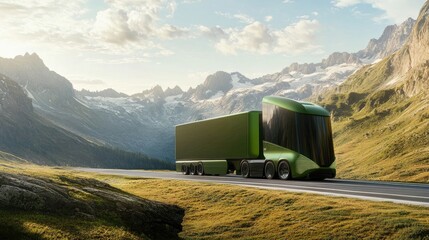 Poster - A cutting-edge green ecological truck traveling along a mountain road with scenic natural beauty in the background, illustrating eco-conscious transportation solutions