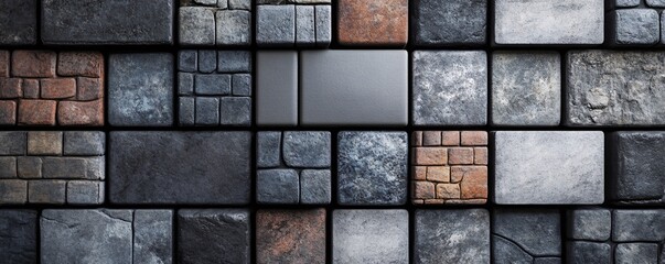 Poster - Gray metallic block contrasting with textured stone blocks: building material variety