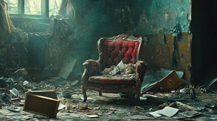 Poster - A desolate chair surrounded by scattered debris, symbolizing a sense of loss and forgotten moments in a cluttered, neglected room