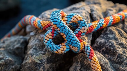 Aufkleber - A detailed image of an eight-climbing knot tied in colorful rope, resting on a rocky terrain, symbolizing safety and preparation for mountaineering and climbing activities