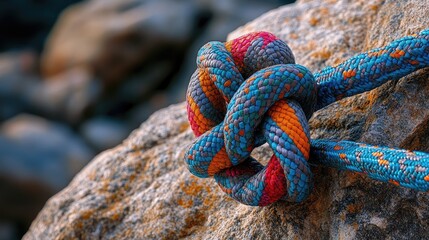 Aufkleber - A detailed image of an eight-climbing knot tied in colorful rope, resting on a rocky terrain, symbolizing safety and preparation for mountaineering and climbing activities