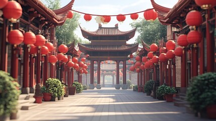 Poster - A detailed view of traditional Chinese architecture with pagodas, gates, and red lanterns, showcasing the grandeur and cultural symbolism of Chinatown ancient buildings