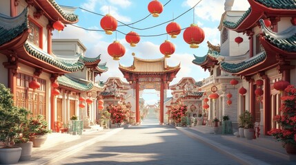 Poster - A detailed view of traditional Chinese architecture with pagodas, gates, and red lanterns, showcasing the grandeur and cultural symbolism of Chinatown ancient buildings