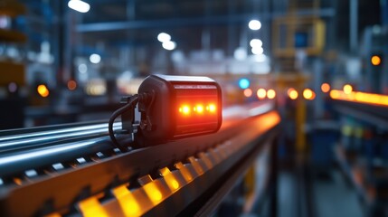 Poster - Automated industrial equipment with red lights is controlling the production line in a modern factory, signifying advanced manufacturing processes and technological integration