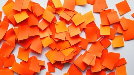 Poster - A disordered arrangement of bright orange sticky notes on a white surface, emphasizing the chaos and excitement of generating creative ideas and thoughts