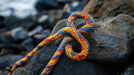 Aufkleber - A focused shot of a well-tied eight knot in colorful rope placed on rocky terrain, symbolizing the essential gear for climbing and mountaineering safety