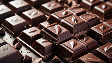 Stack of dark chocolate bars with intricate patterns on a glossy black background