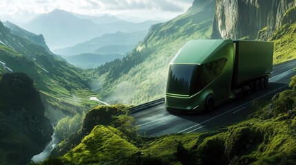 Poster - A futuristic green truck driving on a mountain road, highlighting clean energy transportation through lush, green landscapes and majestic mountain views