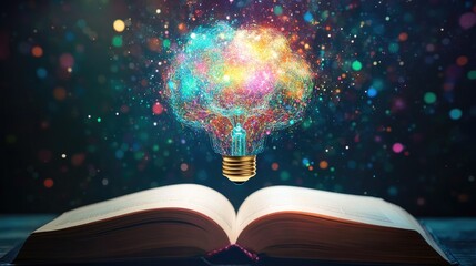 Aufkleber - A glowing multicolored brain-bulb hovers above an open book, representing the connection between knowledge, creativity, and enlightenment