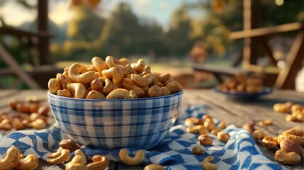 Poster - A heartwarming image of a bowl filled with roasted cashews on a picnic table, surrounded by nuts and a checkered cloth, evoking a sense of comfort and outdoor relaxation