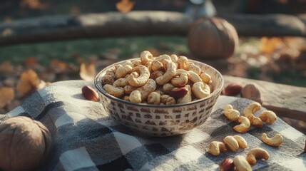 Poster - A heartwarming image of a bowl filled with roasted cashews on a picnic table, surrounded by nuts and a checkered cloth, evoking a sense of comfort and outdoor relaxation
