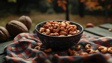 Poster - A heartwarming image of a bowl filled with roasted cashews on a picnic table, surrounded by nuts and a checkered cloth, evoking a sense of comfort and outdoor relaxation