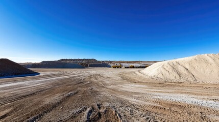 Poster - A large industrial site with heaps of mineral resources, prepared for shipment, under a clear blue sky, illustrating supply chain and logistics in action