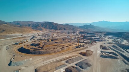 Poster - A large industrial site with heaps of mineral resources, prepared for shipment, under a clear blue sky, illustrating supply chain and logistics in action