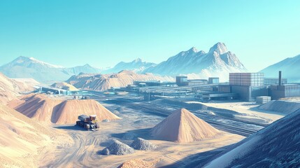 Poster - A large industrial site with heaps of mineral resources, prepared for shipment, under a clear blue sky, illustrating supply chain and logistics in action