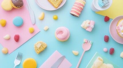 Aufkleber - Colorful dessert spread featuring cupcakes, candies, and treats on a playful pastel background. Generative AI