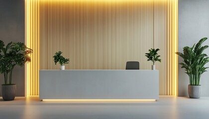 Poster - Front View Of A Reception Desk In An Office With Light Wooden Wall Elements: Rendering, Mock-Up Displayed For Presentation