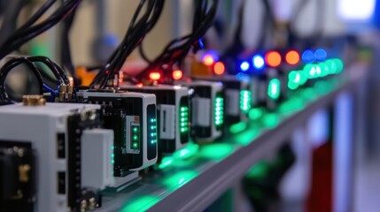 Poster - close up of electronic devices on a manufacturing line, connected components with led lights indicat