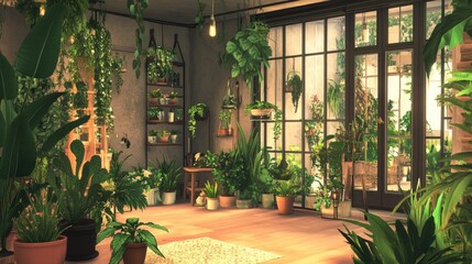 Poster - A Parisian-inspired bungalow with a biophilic design, showcasing lush plants, natural materials, and warm lighting, creating a homely and inviting atmosphere for peaceful living