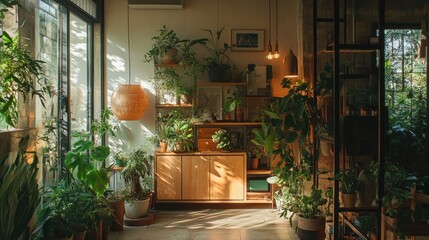 Poster - A Parisian-inspired bungalow with a biophilic design, showcasing lush plants, natural materials, and warm lighting, creating a homely and inviting atmosphere for peaceful living