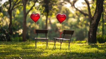 Poster - A park setup with two chairs and red heart balloons tied to them, set within a lush green environment, evoking a sense of love and tranquility