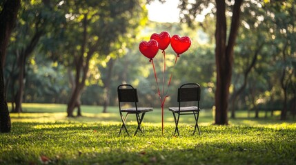 Poster - A park setup with two chairs and red heart balloons tied to them, set within a lush green environment, evoking a sense of love and tranquility