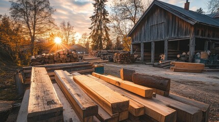 Poster - A peaceful lumberyard with sun-dried square beams and rough logs in the background, showcasing the rustic beauty and texture of natural wood