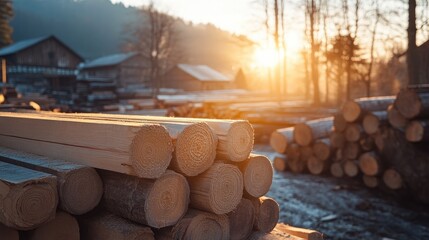 Poster - A peaceful lumberyard with sun-dried square beams and rough logs in the background, showcasing the rustic beauty and texture of natural wood