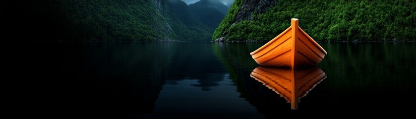 Wall Mural - Serene Fjord Reflection: A lone wooden rowboat rests on the still, dark water of a fjord, its reflection perfectly mirrored. The surrounding cliffs are cloaked in lush, dark green foliage.  