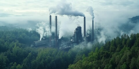 An industrial plant emits thick, dark smoke into the atmosphere, creating a stark contrast with the lush green forest nearby, which highlights the urgent environmental issues that we face today