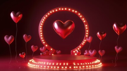 Poster - A realistic 3D vector image of a Valentine's Day podium stage adorned with heart-shaped decorations and a glowing light frame, creating an elegant and festive atmosphere for love and romance